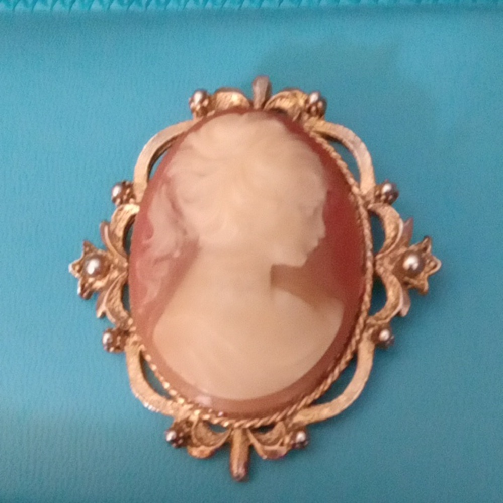 Elegant Faux Gold and Cream Cameo Brooch